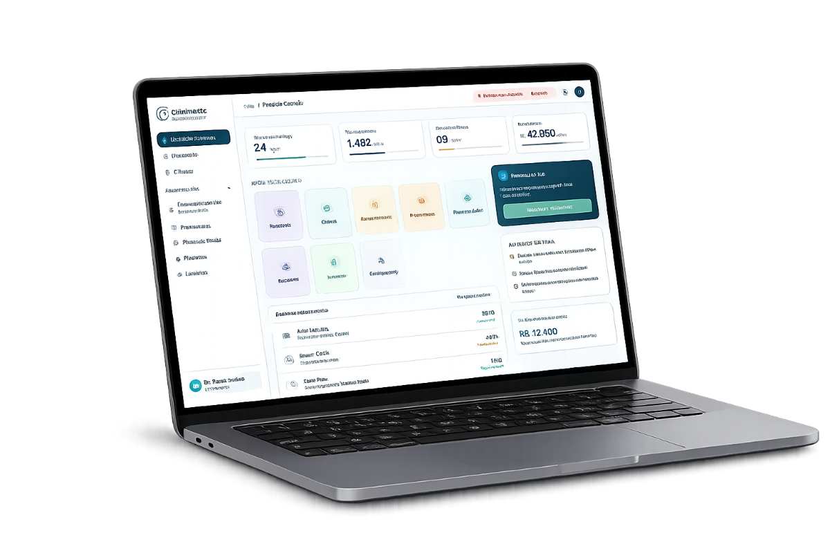 Interface do sistema CLINIMEDIC em um notebook